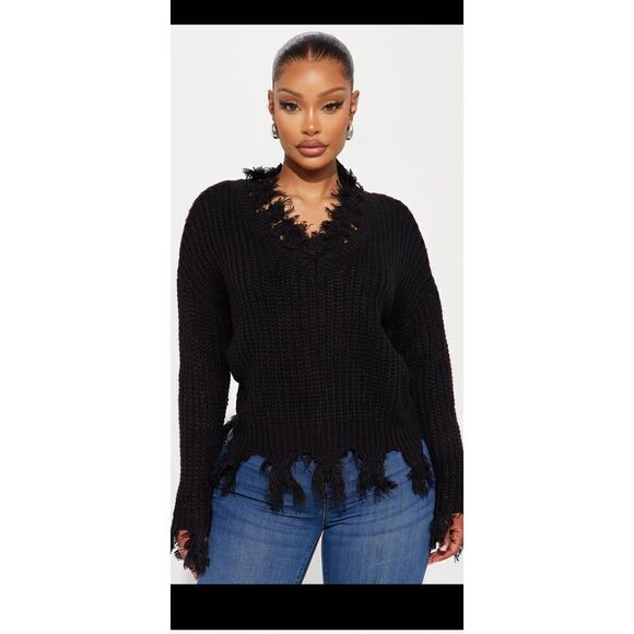 - NWT Fashion Nova black distressed sweater. XL - Picture 2 of 15
